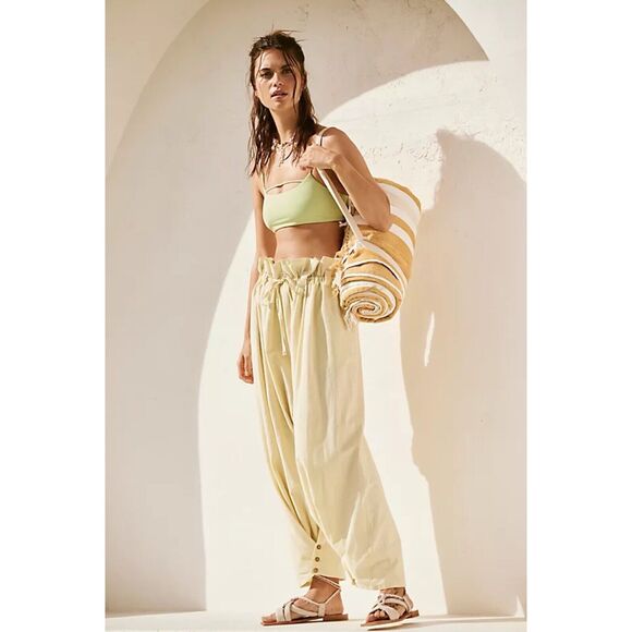 New Free People Paper Bag Waist Tapered Tie Waist Trousers Size XS Yellow 8-12 - Picture 3 of 16